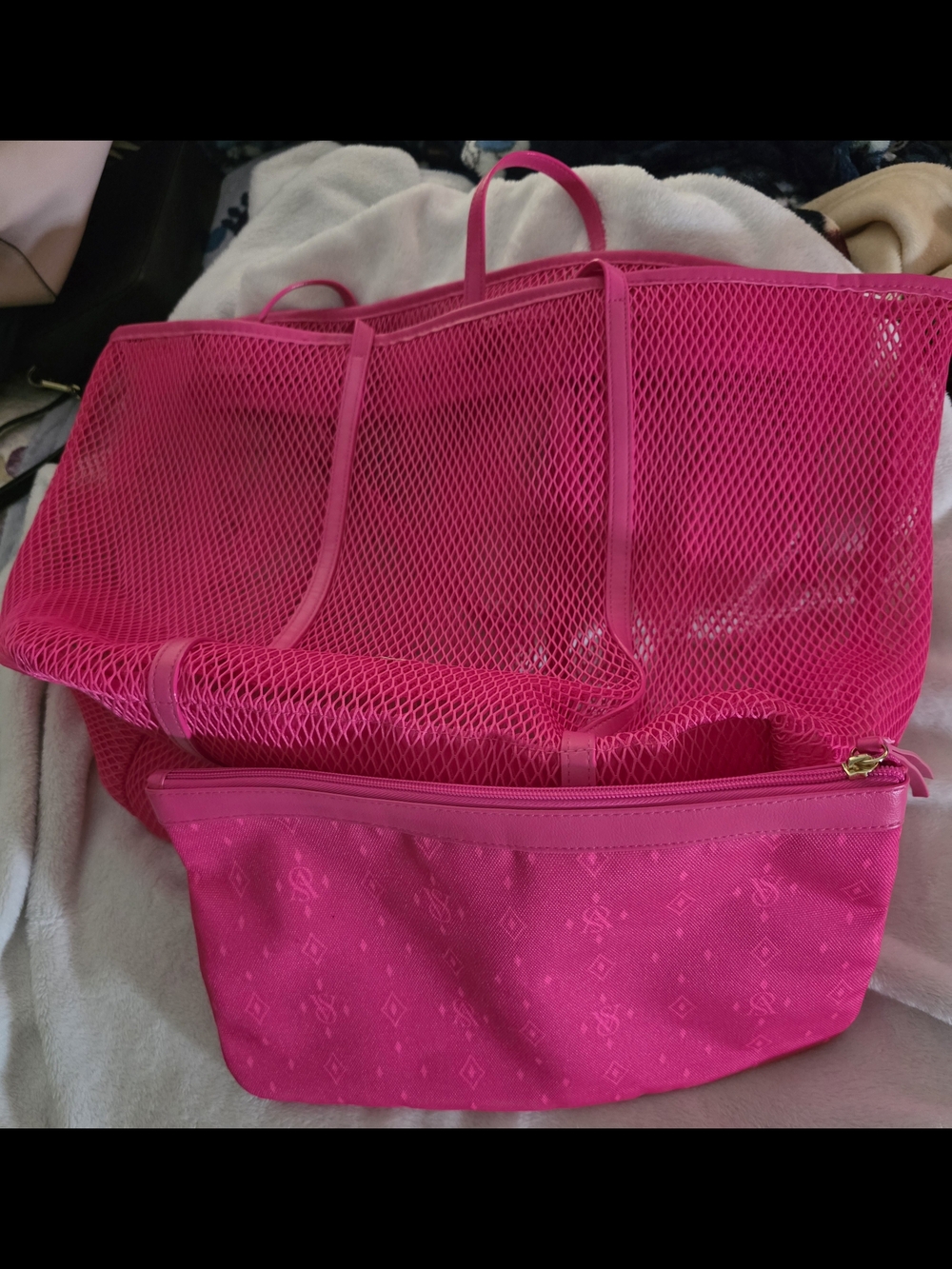 Victoria's Secret Neon Pink Mesh Tote with Zip Pouch